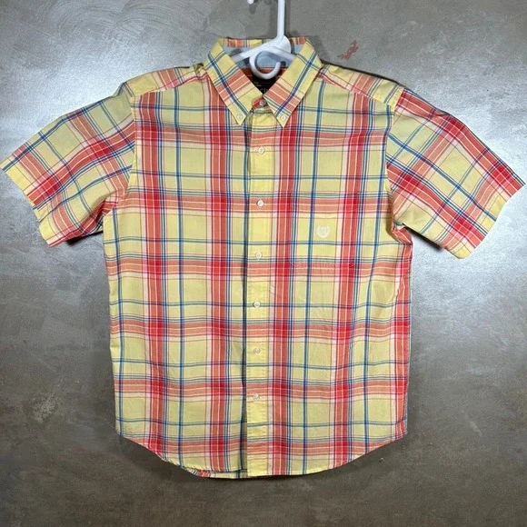 Chaps Mens Easy Care Plaid Short Sleeve Button Down Shirt Yellow Orange Blue M - Picture 2 of 9
